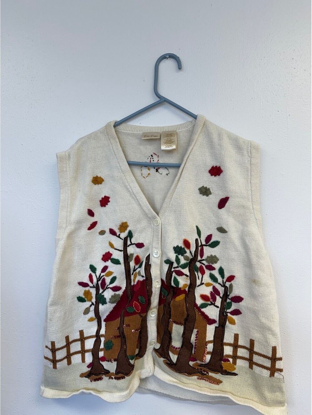 Bobbie Brooks Women's Tusk Button-Up Sweater Vest with Autumn Scene